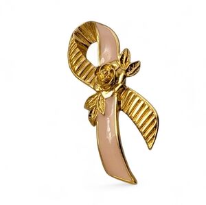 AWARENESS SURVIVOR Ribbon Broach Gold Vintage Pink Enamel Pin